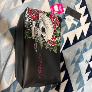 Ed Hardy Black Cosmetic Bag with Skull and Roses